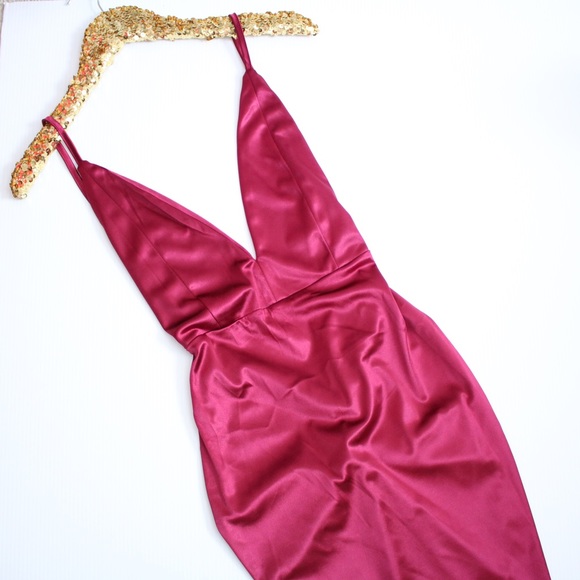 Red Plunge Open Back Mermaid Evening Satin Dress - Picture 7 of 8
